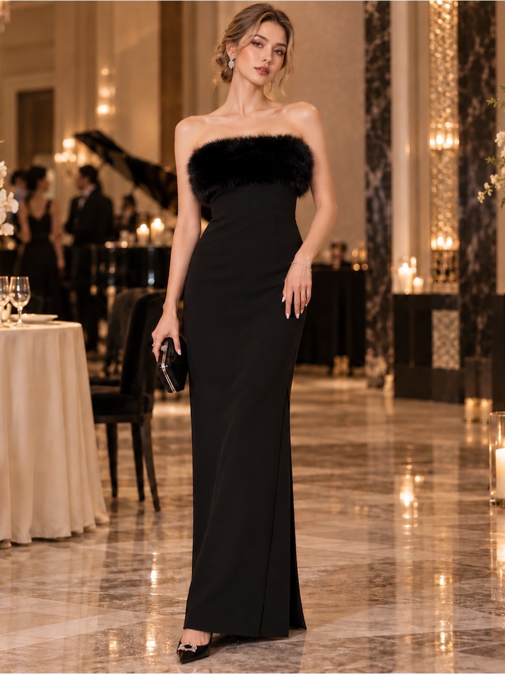 ZARA Black Faux Fur Trim Strapless Maxi Dress | Holiday NYE Party Gown